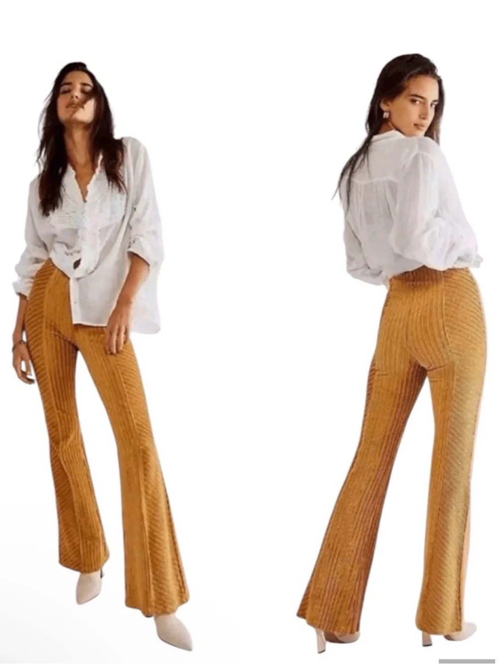 Free People Penny Pull-On Velvet Flared Pants Gold Ribbed Boho Retro Size M - Picture 2 of 13